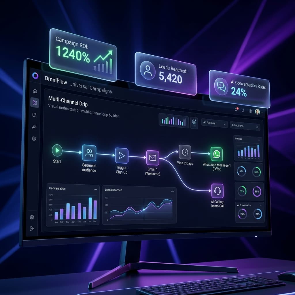 Vyre campaign dashboard showing WhatsApp bulk marketing, email automation, AI calling, and CRM-triggered outreach